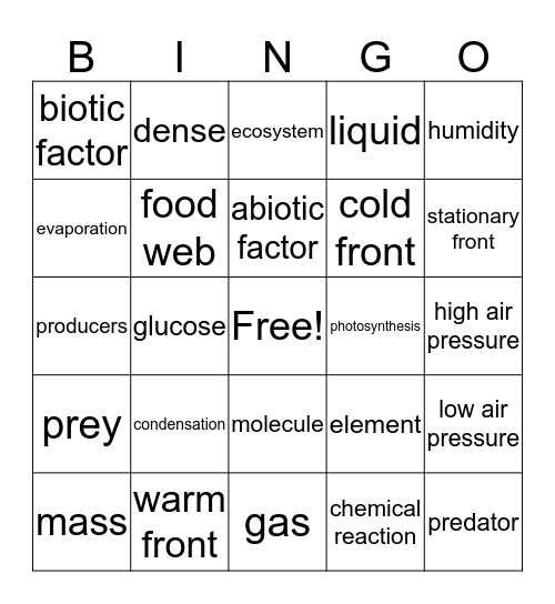 Grade 6 Science Bingo Card