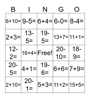 Addition & Subtraction Bingo! Bingo Card