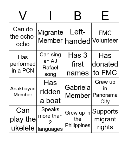 Good Vibes for Migrant Righs Bingo Card