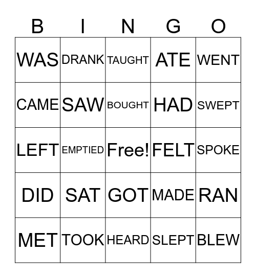 Past Tense Bingo Card