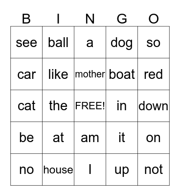 1st 9 Week Sight Word Bingo Card