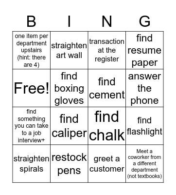 Supplies Department Bingo Card