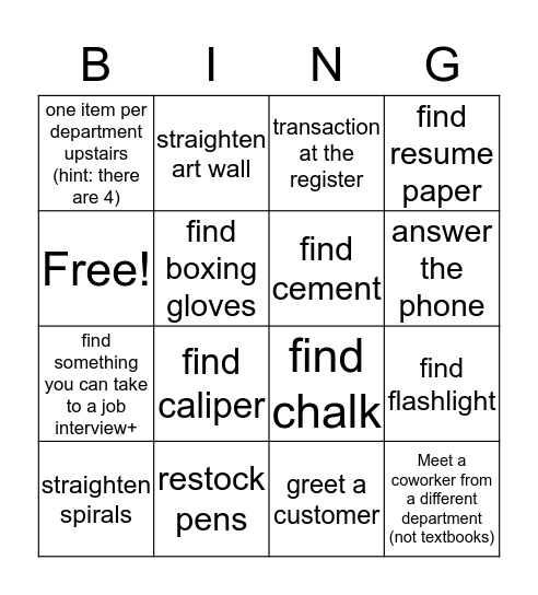 Supplies Department Bingo Card