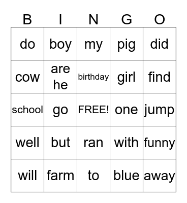 2nd 9 Week Sight Word Bingo Card