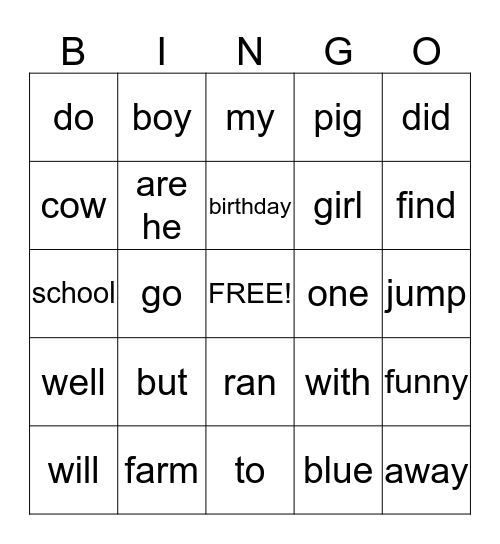 2nd 9 Week Sight Word Bingo Card