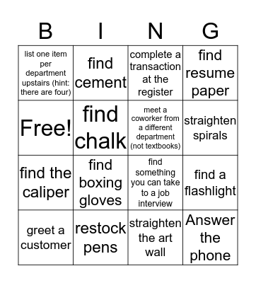 Supplies Department Bingo Card