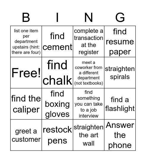 Supplies Department Bingo Card