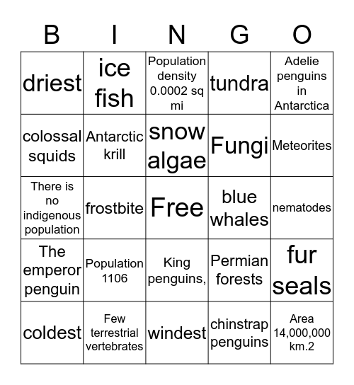 Antarctica Bingo Card