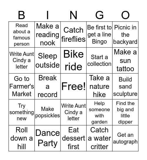 Summer Activity Bingo Card