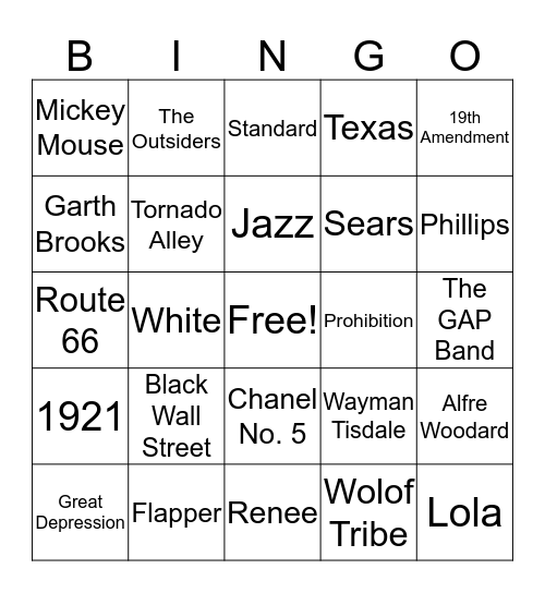 Roaring 20's Bingo Card
