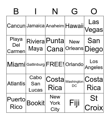 Destinations Bingo Card