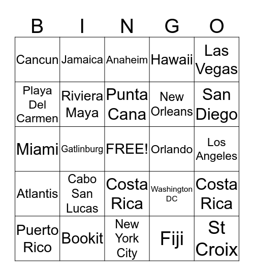 Destinations Bingo Card