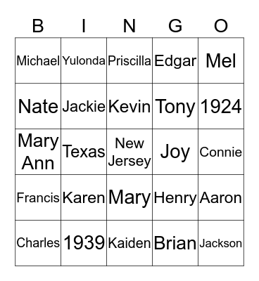 Family Trivia Bingo Card