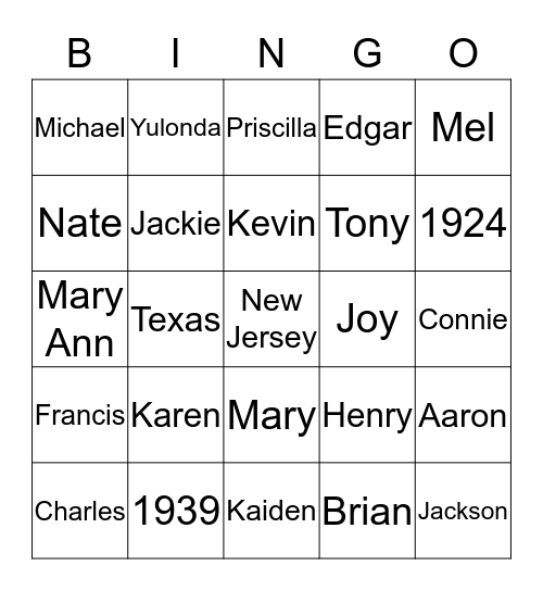 Family Trivia Bingo Card