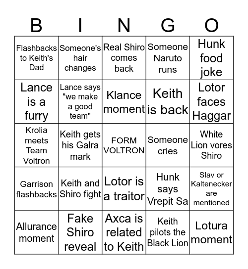 VOLTRON S6 Bingo Card