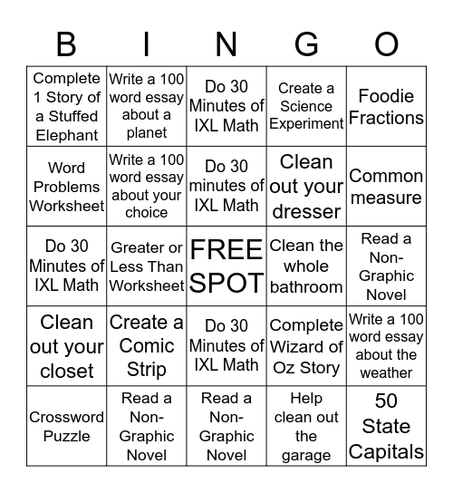 Summer Bingo for Jordyn Bingo Card