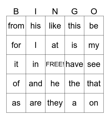 First 25 sight words Bingo Card