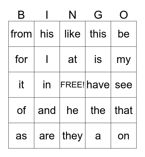 First 25 sight words Bingo Card