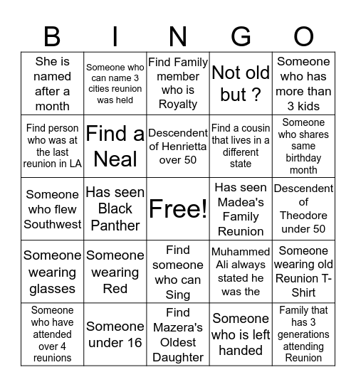 NEAL-FOX FAMILY REUNION  Bingo Card