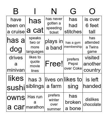 Get to Know You BINGO Card