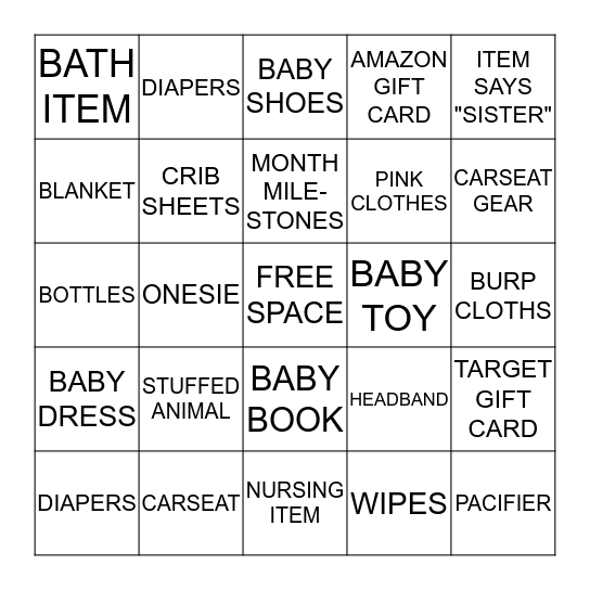 Baby Girl Bingo Card