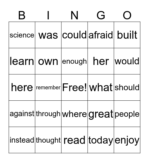 Word Wall Word Bingo Card