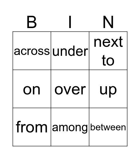 GR1 prepositions Bingo Card