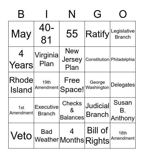 Constitutional Bingo Card