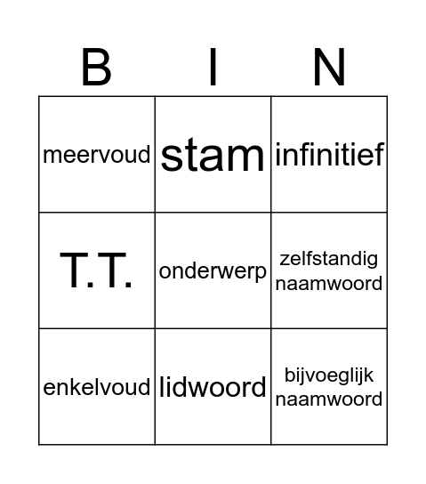 De woordsoorten Bingo Card