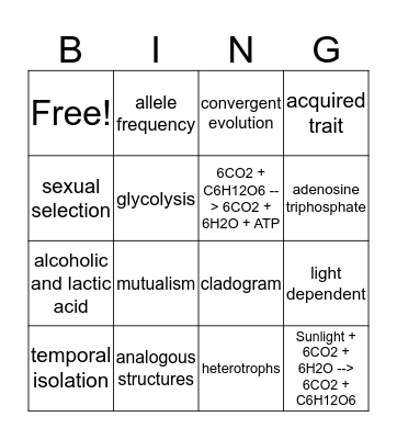 Evolution and Ecology B Bingo Card