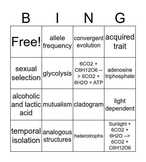 Evolution and Ecology B Bingo Card