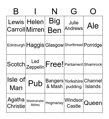 United Kingdom Bingo Card