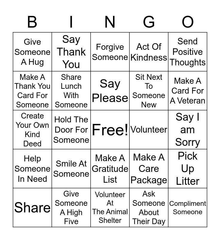 Kindness Bingo Card