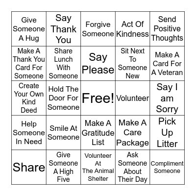 Kindness  Bingo Card
