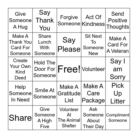 Kindness  Bingo Card