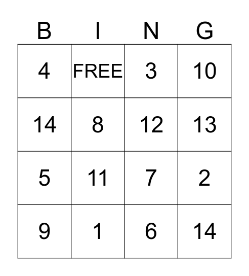 Number  Bingo Card