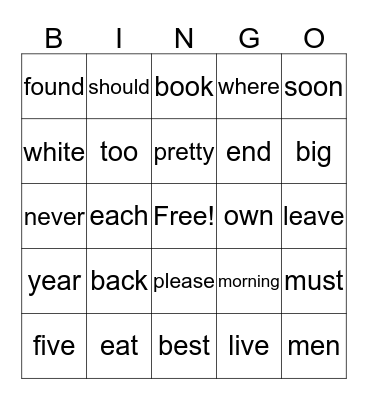 Second 100 Words Bingo Card