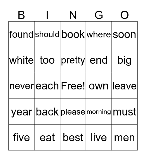 Second 100 Words Bingo Card