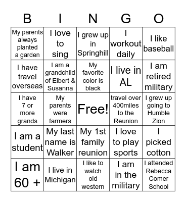 Mitchell-Walker Family Bingo Card