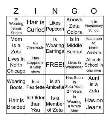 Zeta Youth Auxiliary Bingo Card