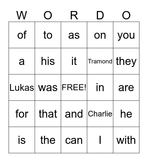 Fry Words 1A and 1B Bingo Card