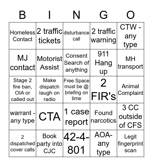 Patrol Bingo 6/15/18 Bingo Card