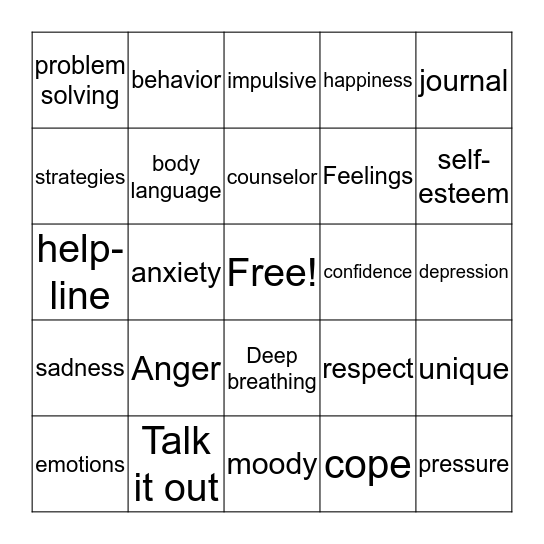 Mental Health Bingo Card