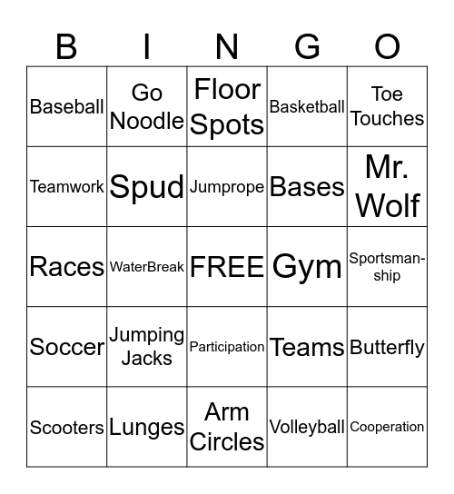 Physical Education  Bingo Card