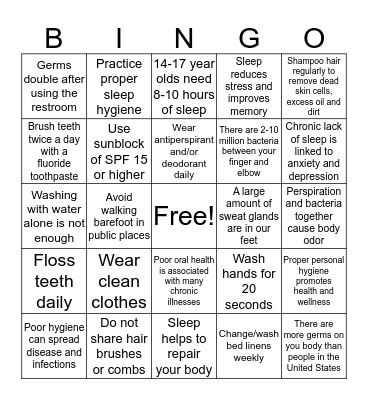 Hygiene Bingo Card