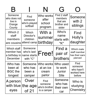 Town Of Wallkill Summer Camp Bingo Card