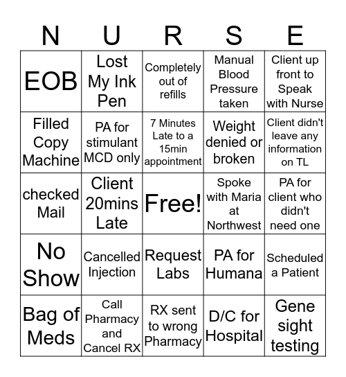 Nurse Bingo Card