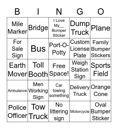 Letize Car Bingo Card