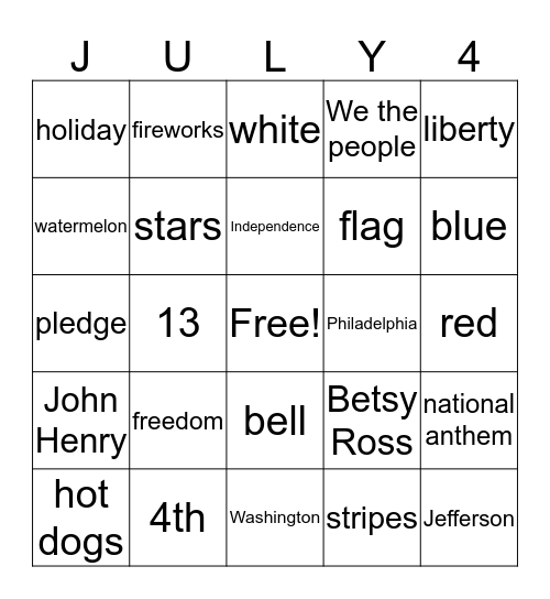JULY 4TH Bingo Card