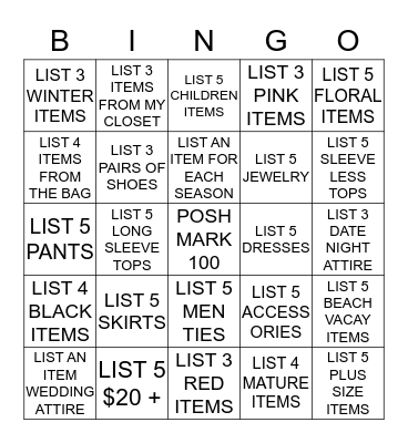 Poshmark Bingo 100 Listings Bingo Card